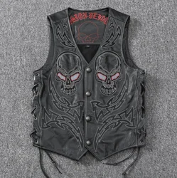 PDEP plus size 4XL leather vest jacket for men lace up pocket tactical leather motorcycle vest brown men leather biker vest