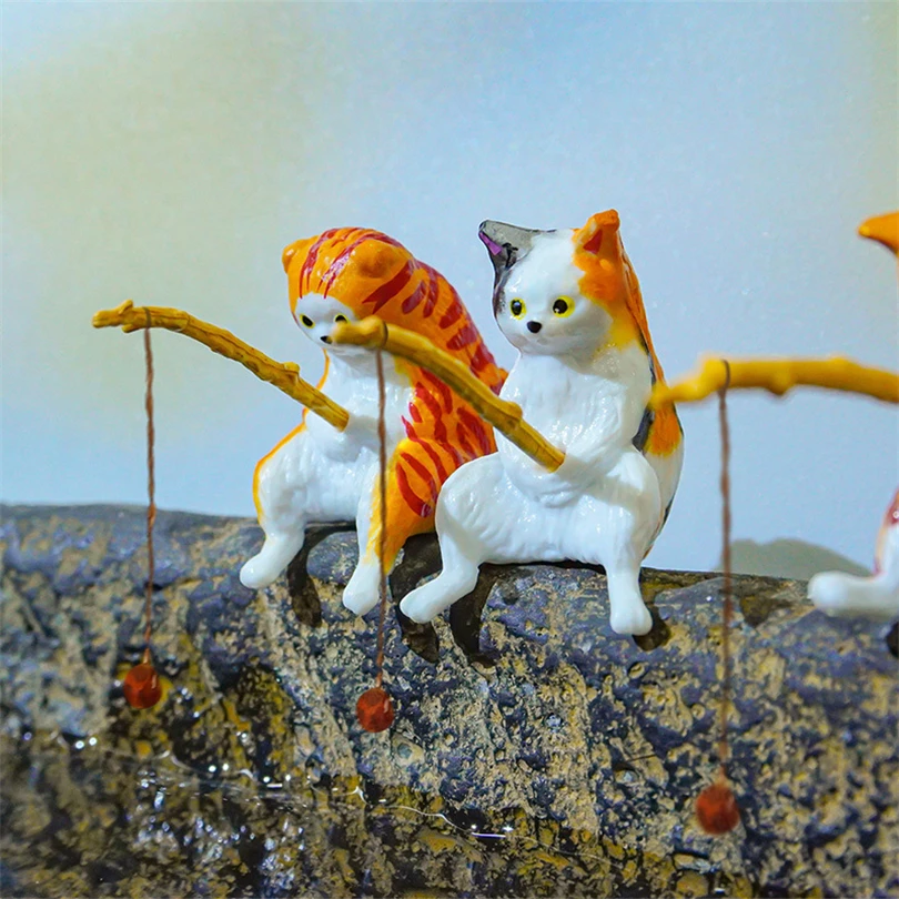 Cute Cat Figurines Aquarium Fish Tank Aquarium Pendant Cat for Fish Tank Aquarium Landscape Cat Fishing Figurine