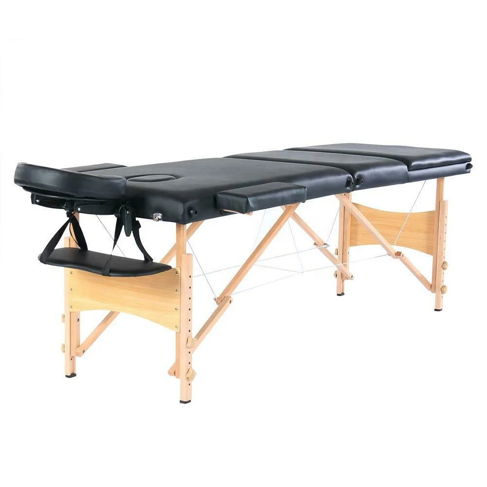Black 3 Section Synthetic Leather Portable Massage Table Facial Bed