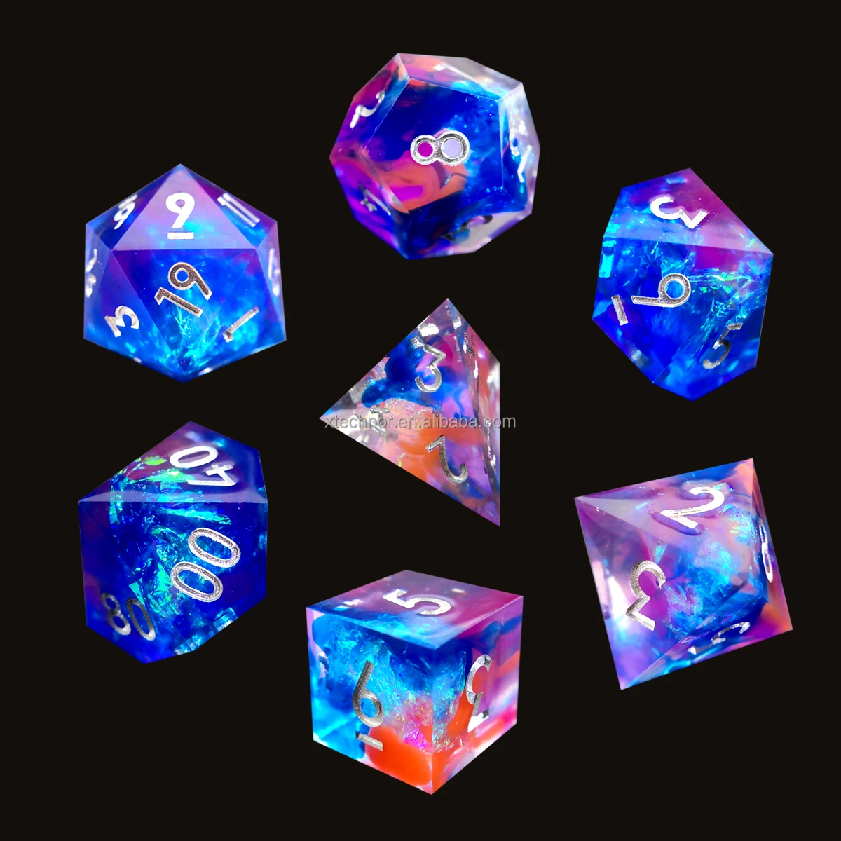 Handmade Plastic Resin Sharp Edge Dice 7 Piece Full Set Blue Haze RPG D&D Dice Set For Board Game Dice Night Lights