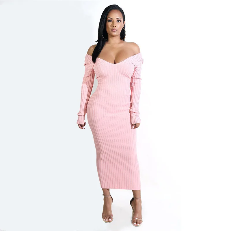 High quality women fall 0ff shoulder bodycon stretchy knitted sweater dresses