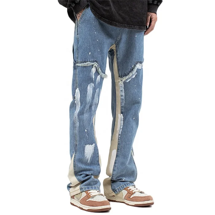 Finch Garment plus size men stacked jeans straight leg stretch jeans patchwork custom drawstring denim jeans