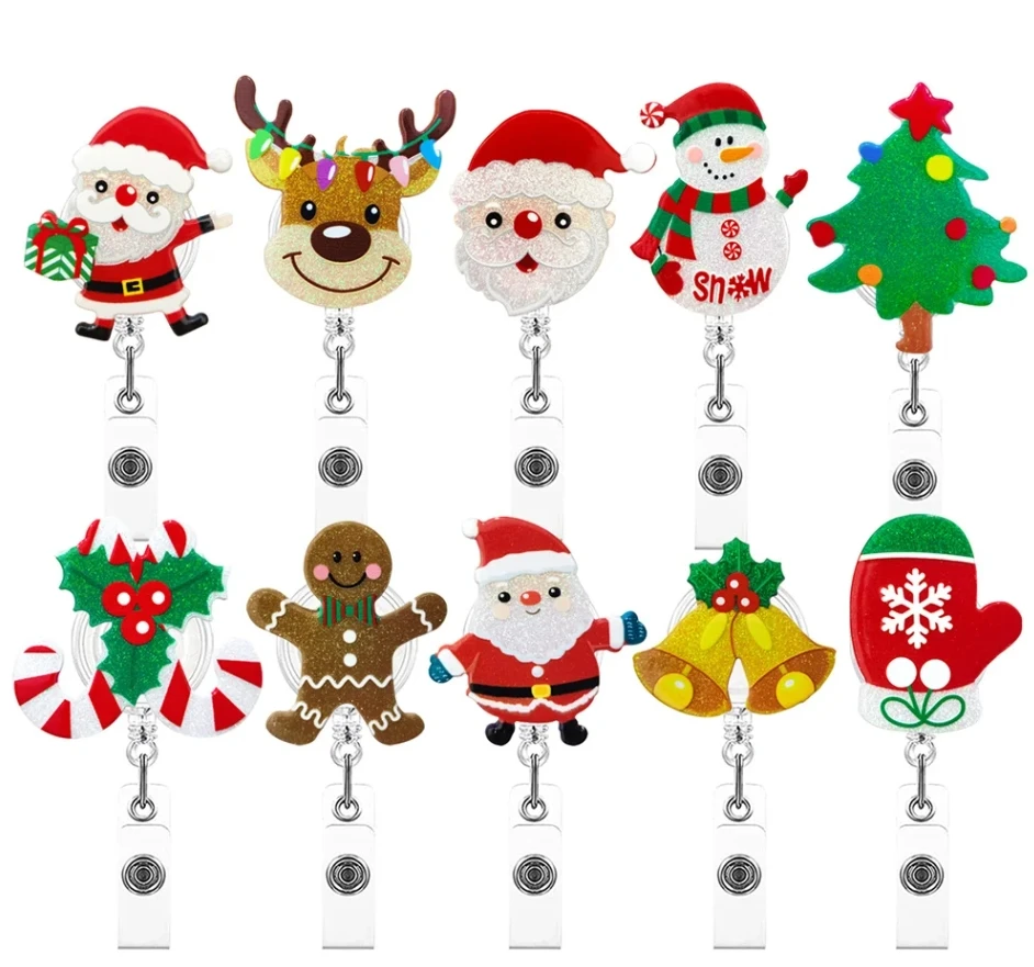 Christmas Acrylic Glitter Retractable Nurse Badge Reel Clip Badge Holder Students Doctor ID Card Holder Christmas Decor Gifts