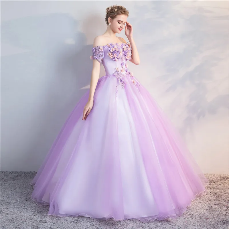 Wholesale Lace Flower Beaded Fashion Purple Tulle Organza Colored Wedding Dresses Women Party Evening Dress