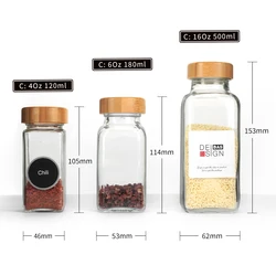 Wholesale Empty Square Kitchen 4oz 120ml 6oz 16oz Seasoning Bottles Pepper Glass Spice Jar with Shaker Bamboo Lids