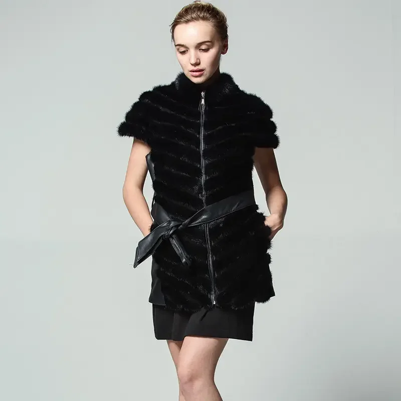 MWFur Winter Street Fashion Female Fur Coat Fur Sleeveless For Women In Winter Women Vest Mink Fur Vest With Belted Winter