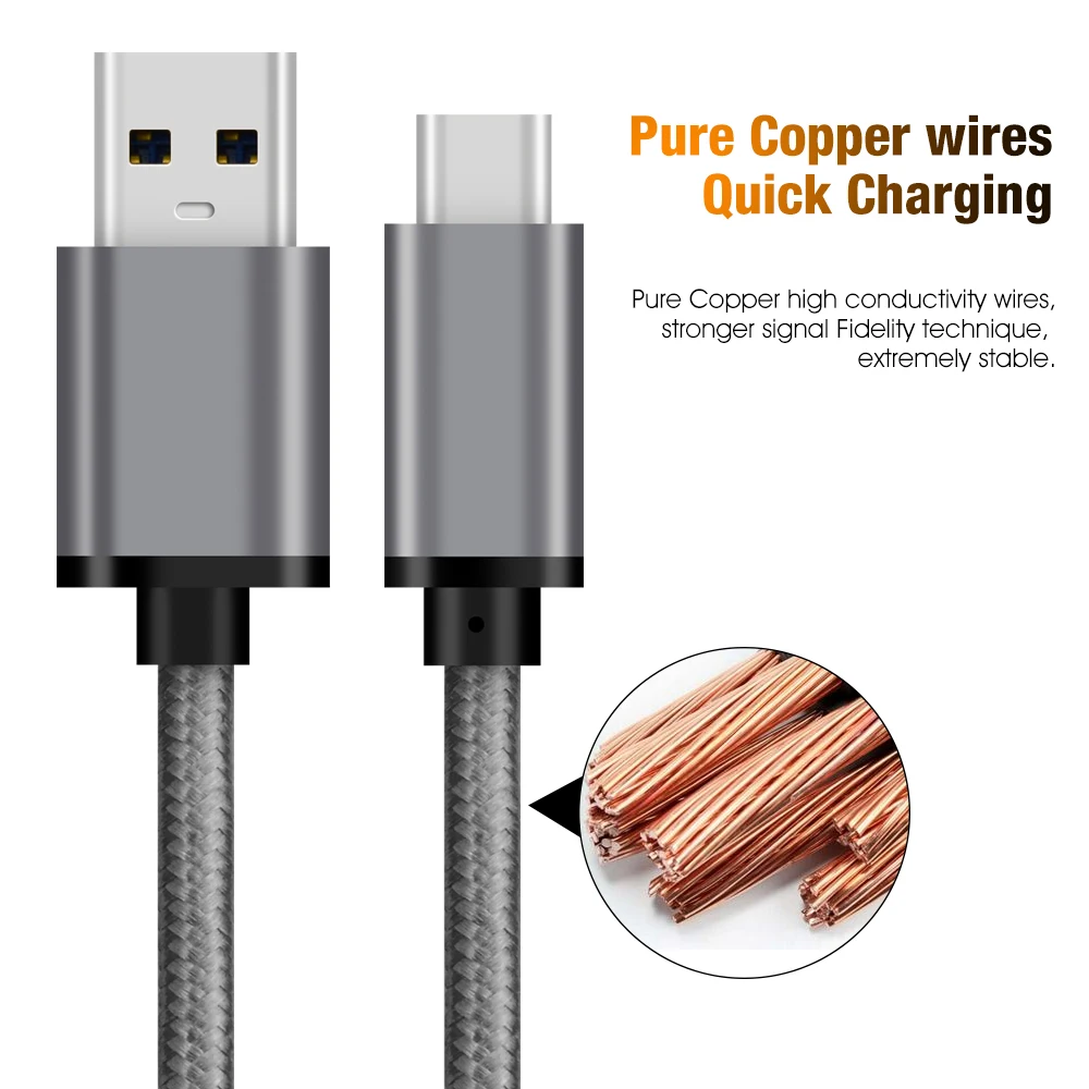 Nylon Braided Cable Usb Tipo C 3A Fast Charging Usb Type C Fast Cable 3.0 For Mobile Phone Charger Cable