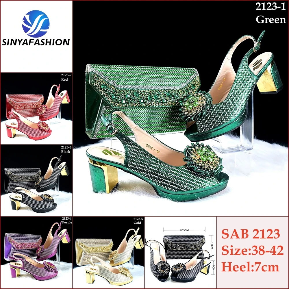 Sinya High Quality Material Shinning Design Green Red Color Design Shoes And Bags Set Rhinestone For African Women Party