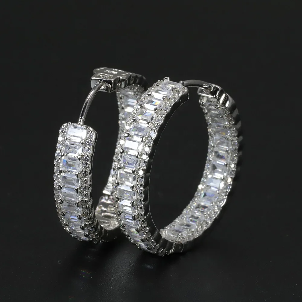 Rhodium Plated Inside Out 925 Sterling Silver CZ Cubic Zircon Emerald Cut Stone Full Pave Diamond Eternity Hoop Earring