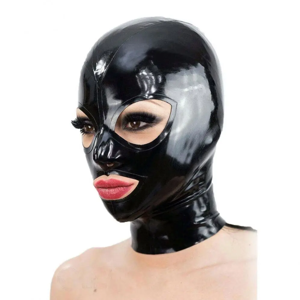 New Latex Hood Mask With Mouth Red Trim Eyes Nose Hole Zipper Ponytail Wigs Fetish Black Sex Party Masks