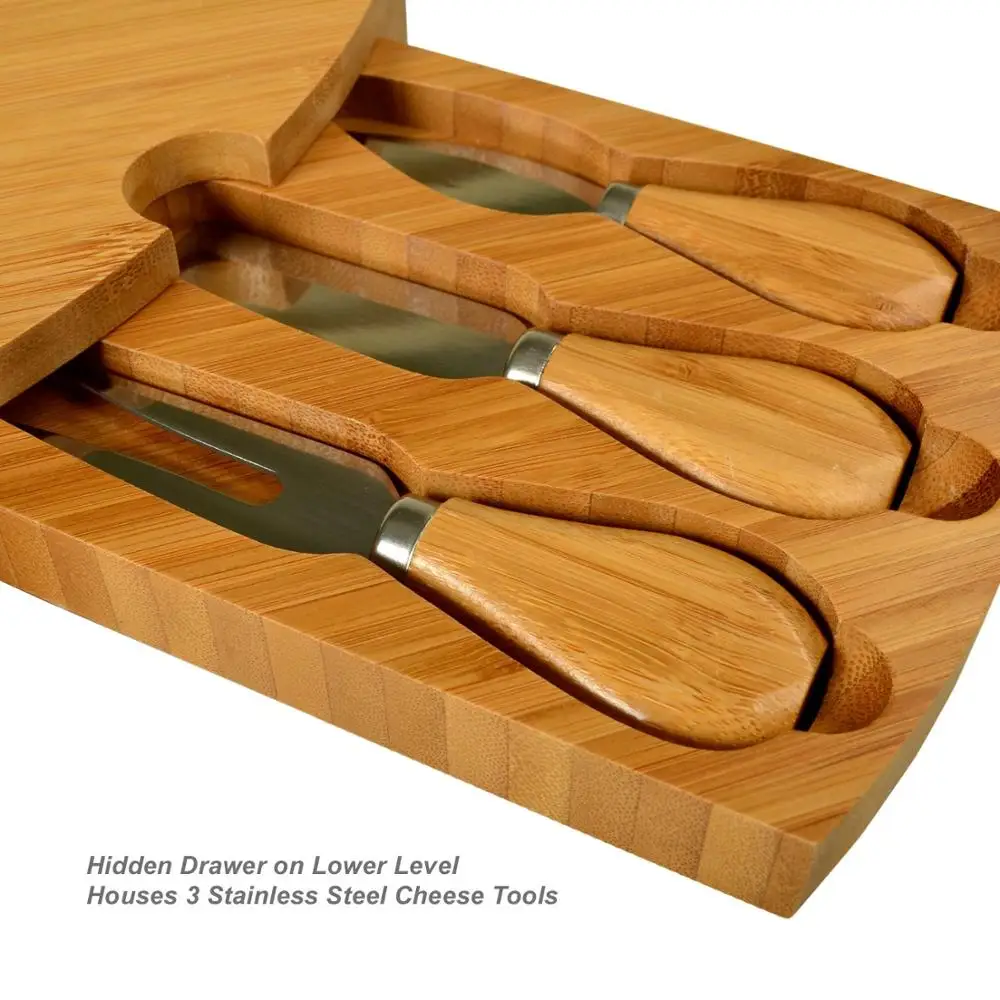 Trade assurance Round Shape 4 tiered Bamboo Cheese Board cutlery with 3 knives set intergrated cheese tools drawer