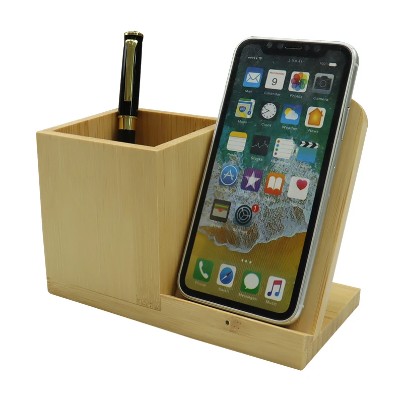 15W Wireless Charger Penholder Tunnel Custom LOGO Office Desktop Bamboo Pen Holder With Wireless Charger Pen Container Pen Case