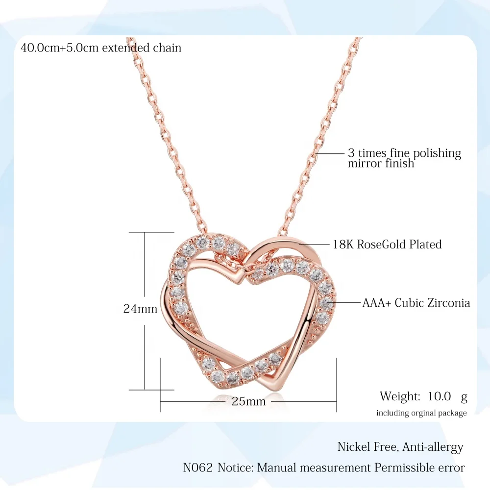 N062 China Wholesale Good Quality Birthday Gifts CZ Zircon Love Forever Double Heart Pendant Necklace