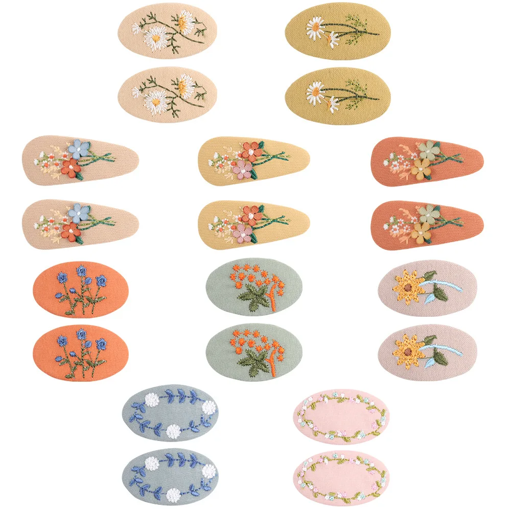 2Pcs Spring Hair Clips Sweet Girls Floral Fabric Oval BB Barrettes Cute Embroidery Flower Hairpin Kids Hair Accessories Set