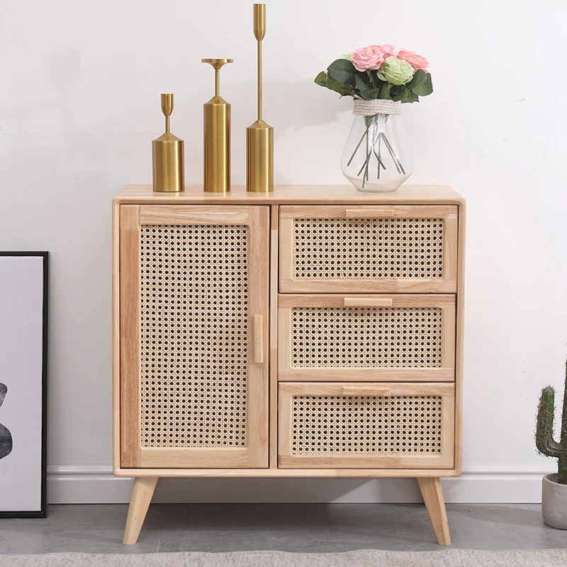 Bedroom Furniture Wooden 2 Door 4 Drawers Chest Living Room Rattan Wood Sideboard Storage Cabinet