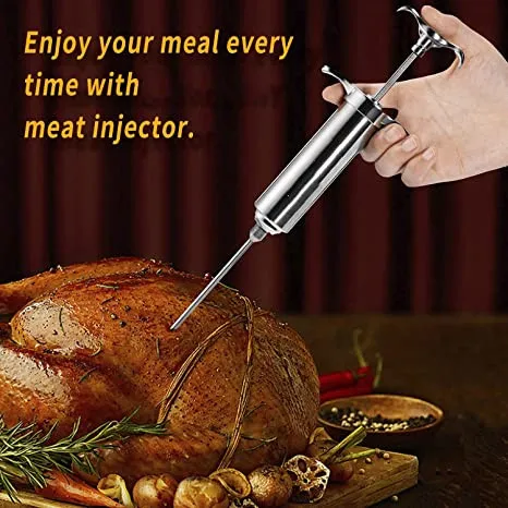 Amazon Hot Sale  2oz Heavy duty 304 Stainless Steel Meat Marinade Injector with 3Needles Turkey meat seasoning Injector Syringe