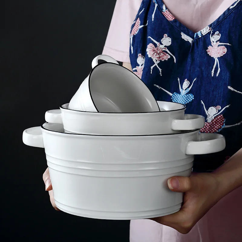 Nordic ceramic two-ear bowl simple black edge tableware household soup noodle bowl baking utensils wholesale custom