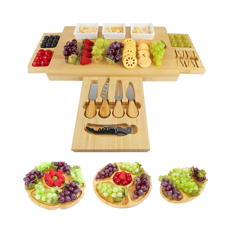 Bamboo Cheese Board Wooden Three Ceramic Bowls Three Magnet Drawers Serving Platter Cutlery Server Knife Set
