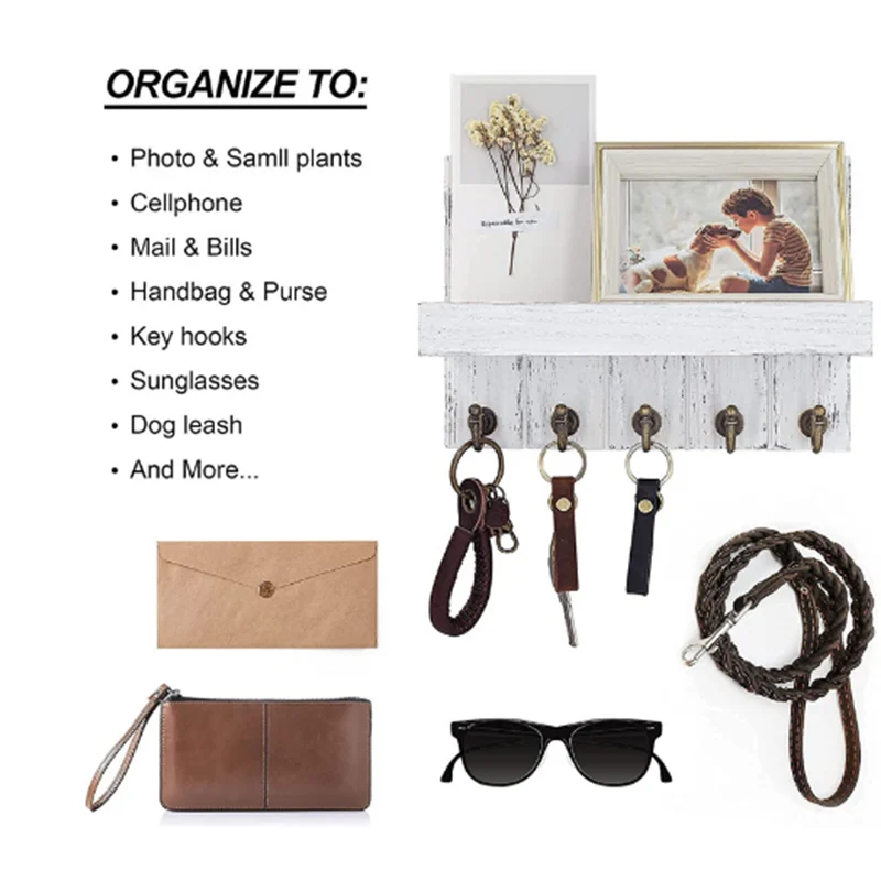 Wall-hung Type Wooden Decorative Wall Shelf Sundries Storage Box With 5 Hooks Hanger Organizer Key Rack Wood Floating Wall Shelf