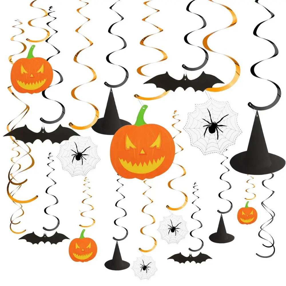 Halloween Party Hanging Swirl Decoration Kit Scary Theme Ceiling Decorations Witches Hat Bats Spider Pumpkin  Swirl Hanging