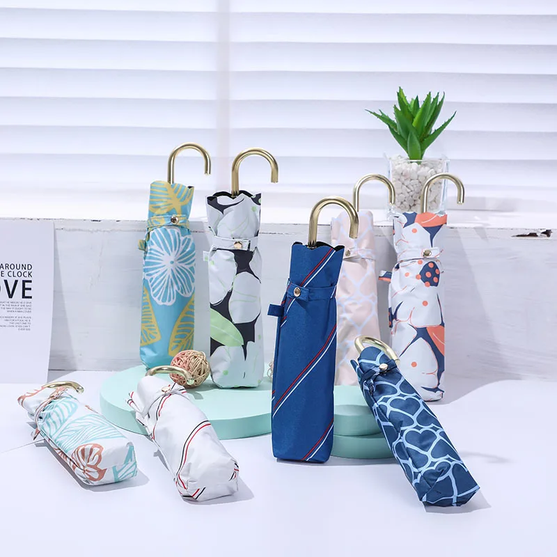 Печать 6k три складных карманных дождевых дамских солнцезащитных зонтиков полуавтоматический J-образный ручной зонт