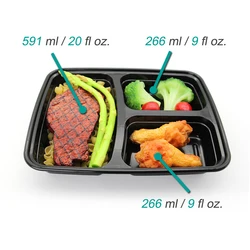 Disposable Hot Sale Food Grade Take Away 3 Compartments Stackable  Black Meal Prep Food Containers With Lid