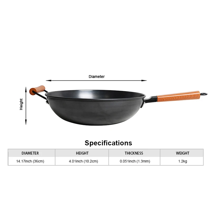 Wholesale 30cm 1.3mm Thick Carbon Steel Nitridated Wok With Wooden Handle For Hotel