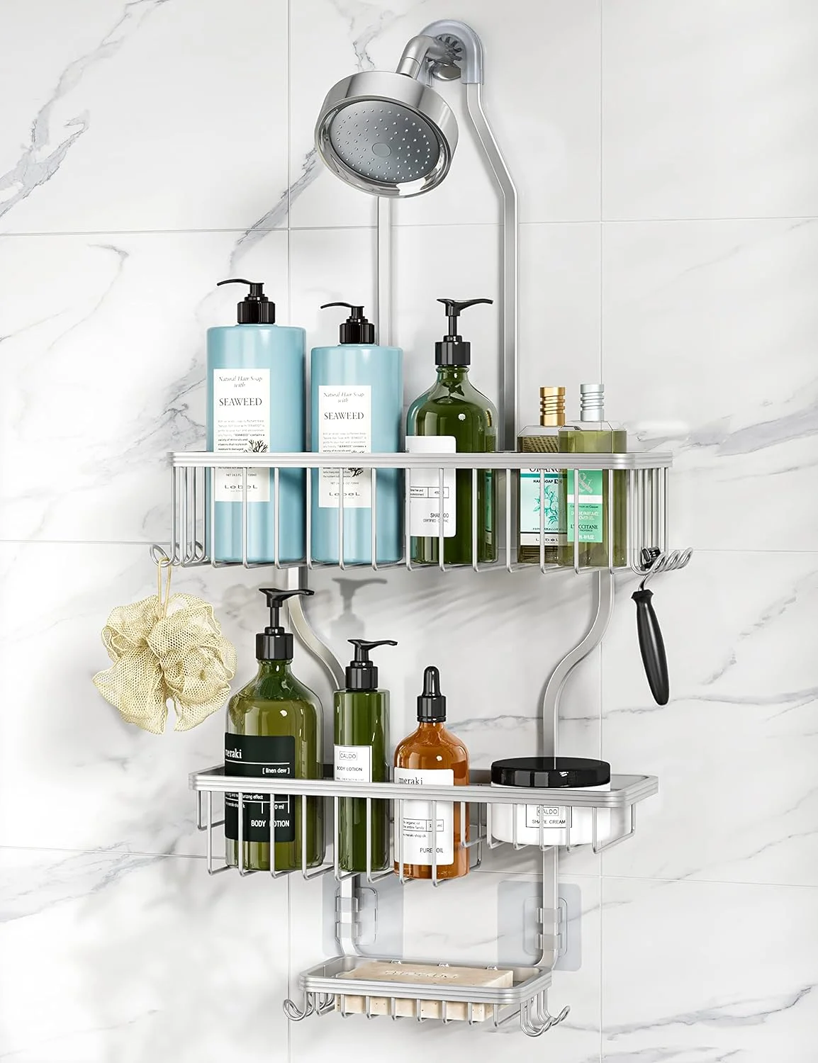 Shower Caddy Hanging, Aluminum Over The Shower Head Caddy with 10 Hooks for Razor/Sponge - Shower Rack with Soap Basket - Silver