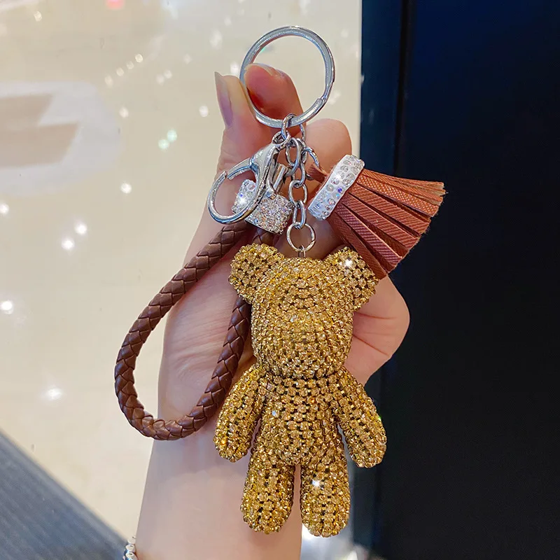 Leather  fashion crystal bear keychain sparkly popobe keyring rhinestone teddy doll handbag charm
