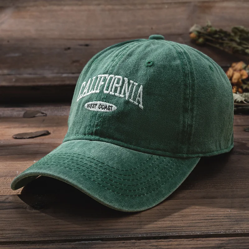 New Dark Green Hat Trend Curved Brim Washed Dad Cap Men Embroidered Letters Peaked Cap Women