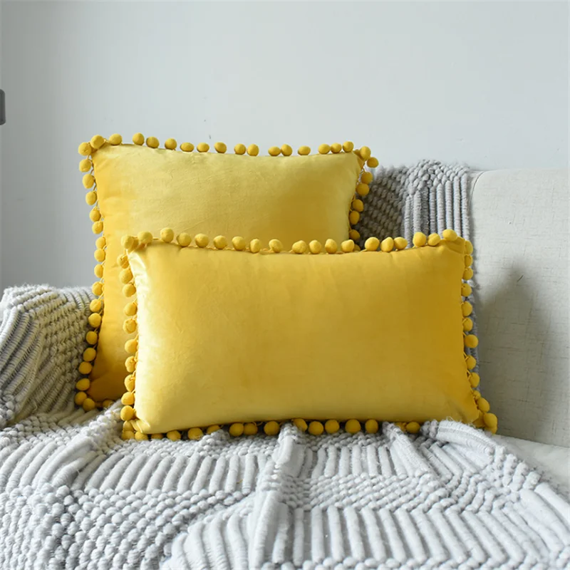Home Furnishing Velvet Sofa Pillows Hair Ball Lace Plush Pillow Case Wholesale Without Pillow
