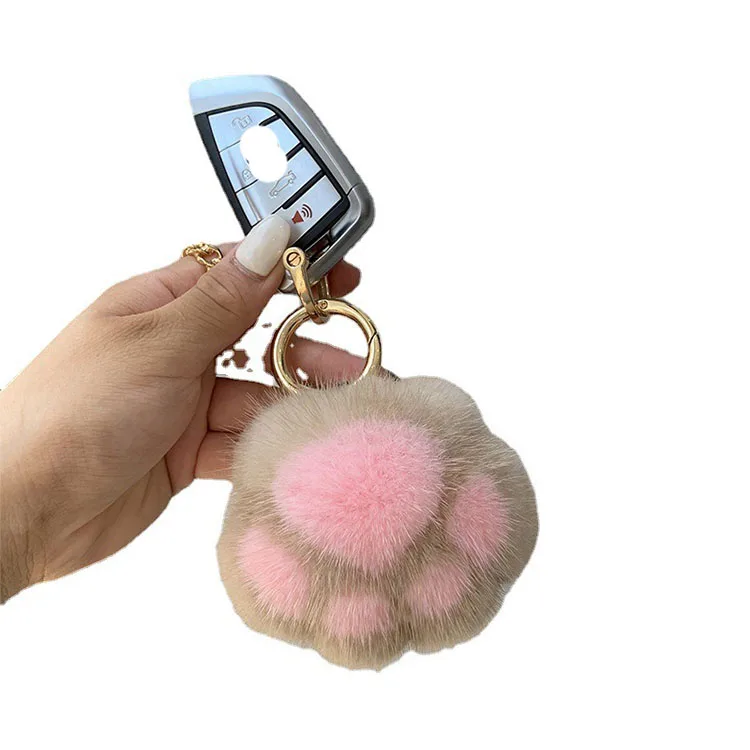 Cute Fluffy Cat Paw Fur Ball Fluffy Faux Fur Keychains For Women Fur Pompom Small Stuffed Animal Keychain Fluffy Key Chains