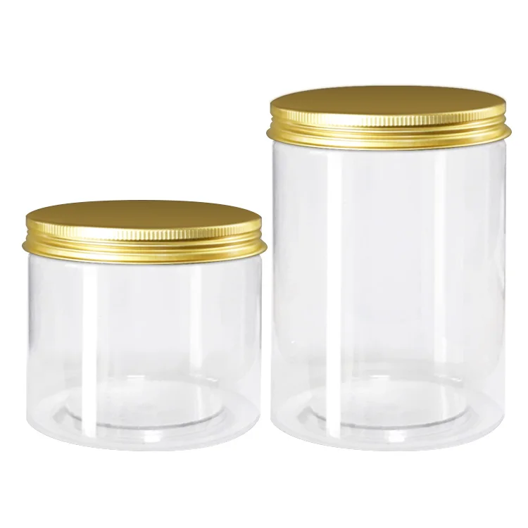 Factory Directly Round Cylinder 300ml 400ml 500ml 600ml PETG PET Clear Plastic Jar With Silver or Gold Lids For Food