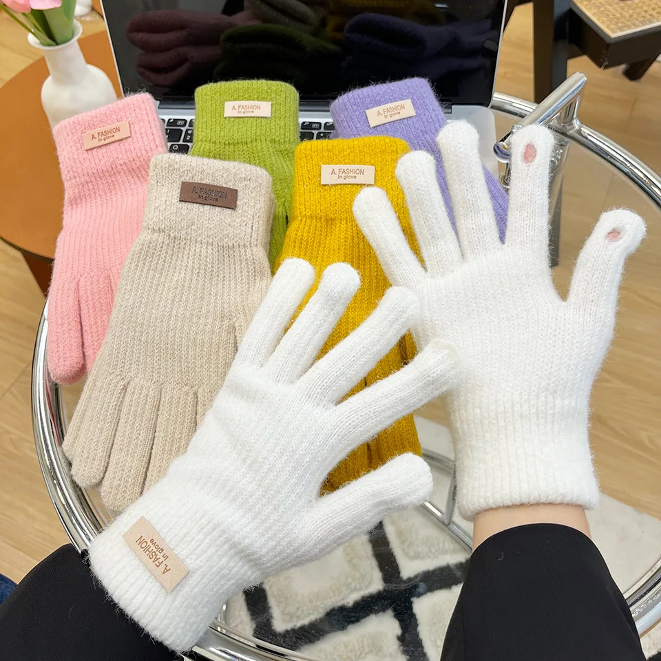Korean Knitted Woolen Women in Winter Gloves Thickened with Velvet Candy Color Cycling Touch Screen gloves