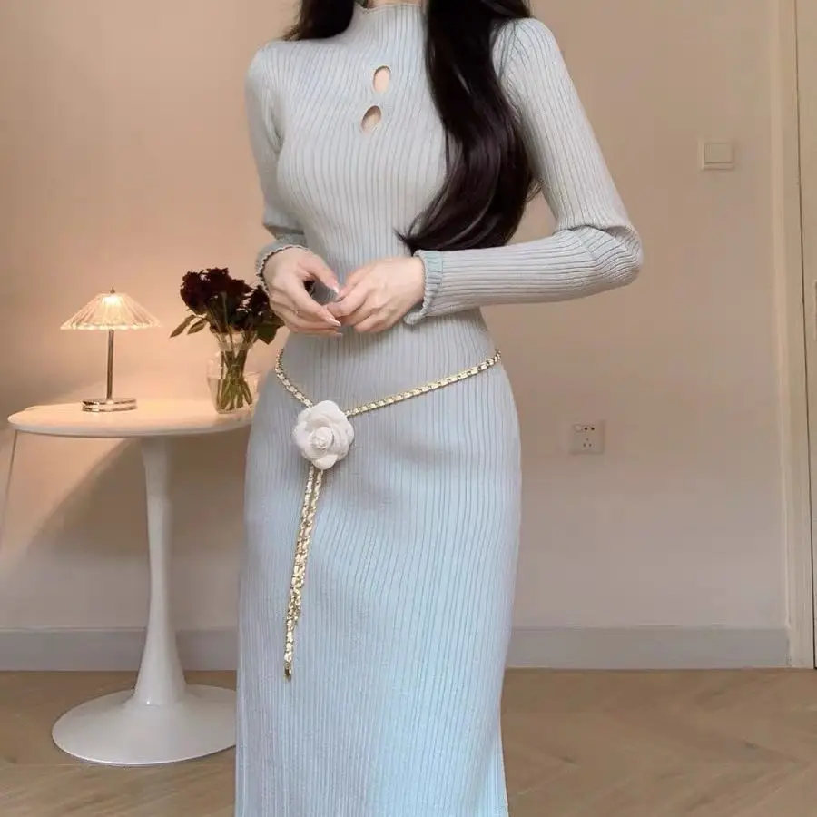 2024 Autumn/Winter hot temperament fashion simple semi-high neck slim sexy hollow casual party commuter knit dress