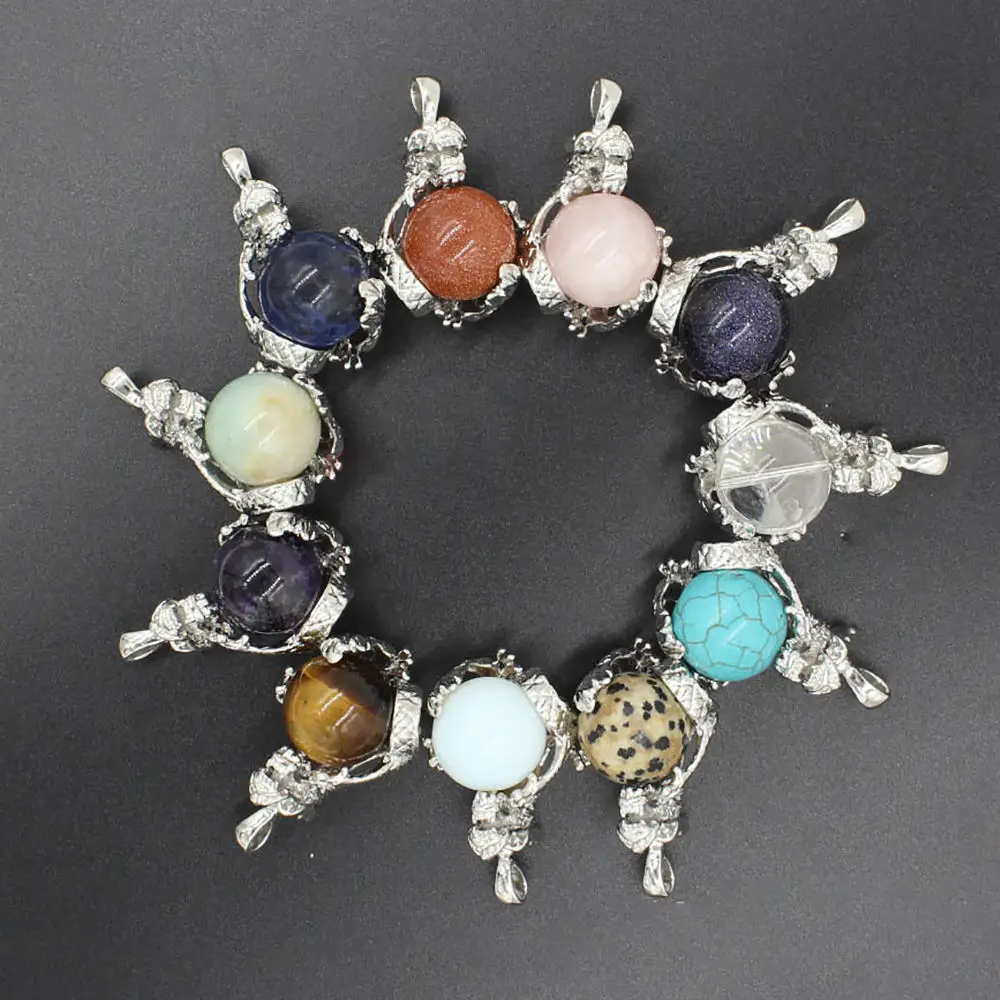 Silver Dragon Wrapped Gemstone Balls Pendant Necklace Chakra Reiki Healing Round Sphere Crystal Point Jewelry for Women Men