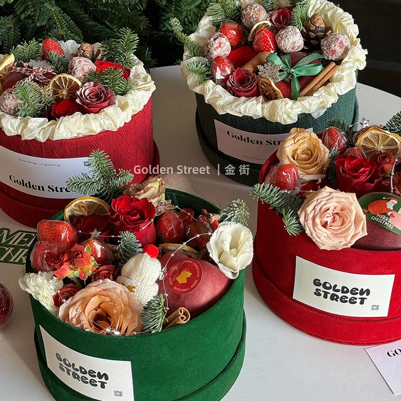 Factory Custom Christmas & New Year Red Round Gift Box with Handle | Flower Packaging & Floral Arrangement Gift Box
