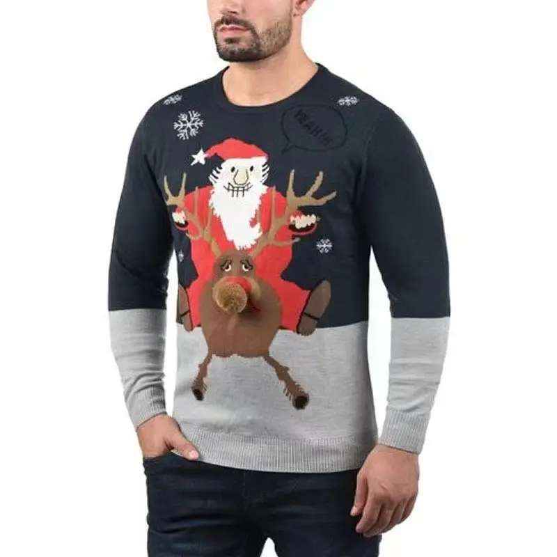 Custom 2021 Holiday Winter Long Sleeve Cartoon Men Knitted Acrylic Ugly Christmas Sweater