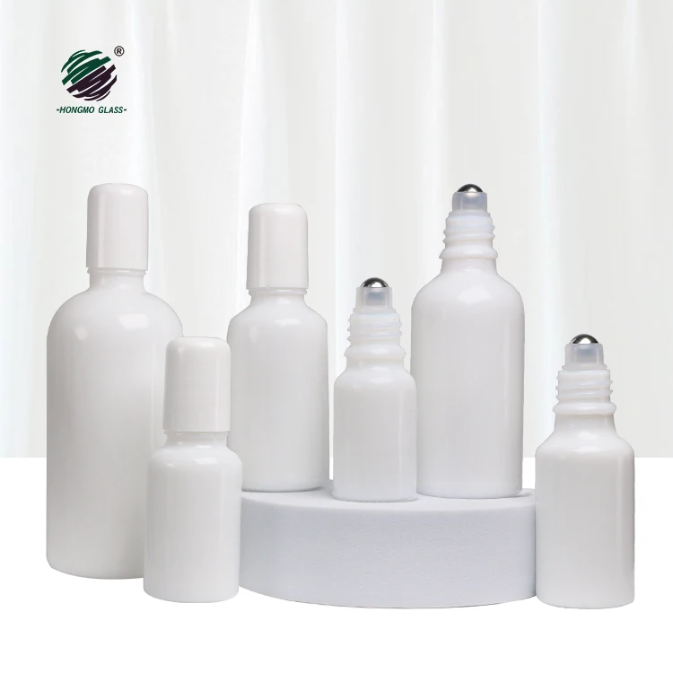 Cosmetic Packaging Round shoulder Opal White Glass Roller Bottle With white Lid Steel ball Cosmetic Lotion Bottle Products