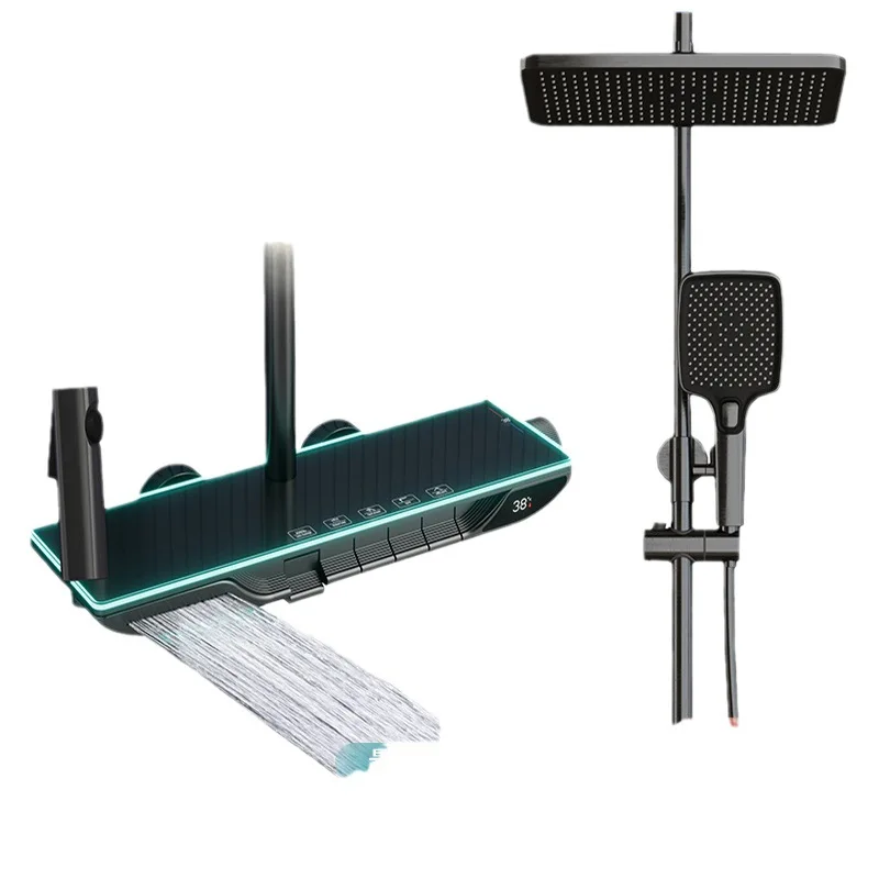 Wall Mount Hot Cold LED Digital Display Waterfall Faucets Piano Key 5 Function Smart Rainfall Shower Set With Ambient Light