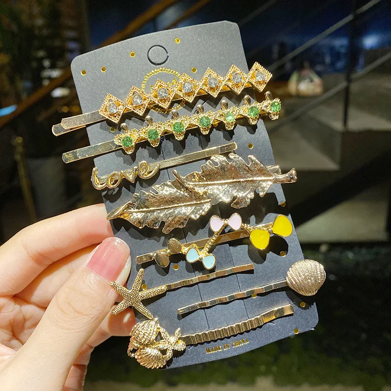 BELLEGIRL Custom fashion gold plated leaf butterfly hair pins accessories metal duck bill starfish eye hair clips set for women
