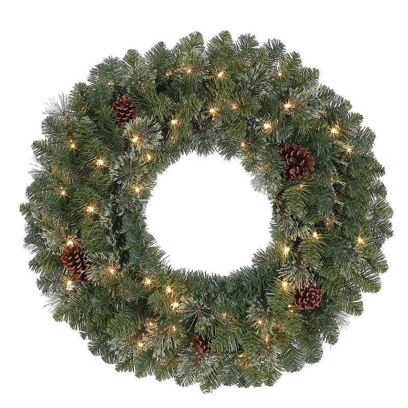 
Top-selling Green Color factory price prelit wreath with red berries and pine cones artificial Christmas Decoration wreath 