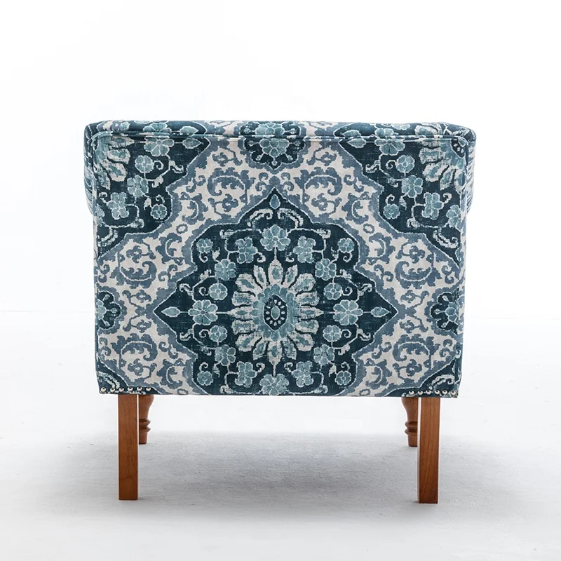 American style armrest sofa wooden legs print fabric big leisure chair