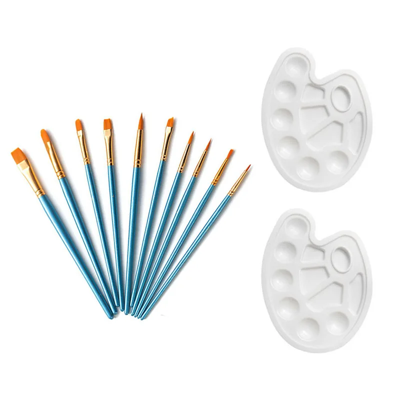 12pcs One Set Nylon Wool Brush Acrylic Painting Watercolor Brush Painting Brush with Color Palette