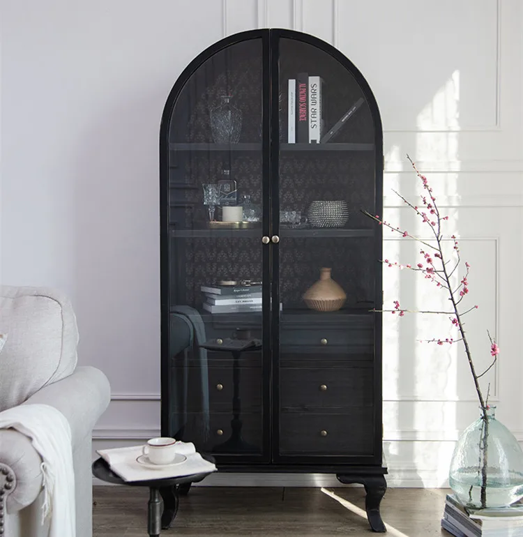 Classic Retro Arched Home Furniture Black Wood Glass Arch Cabinet