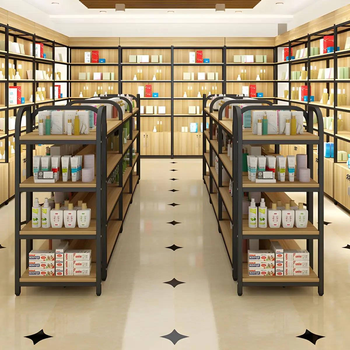 custom Supermarket wooden retail display shelving and metal cosmetic convenience grocery display cabinet stand for store