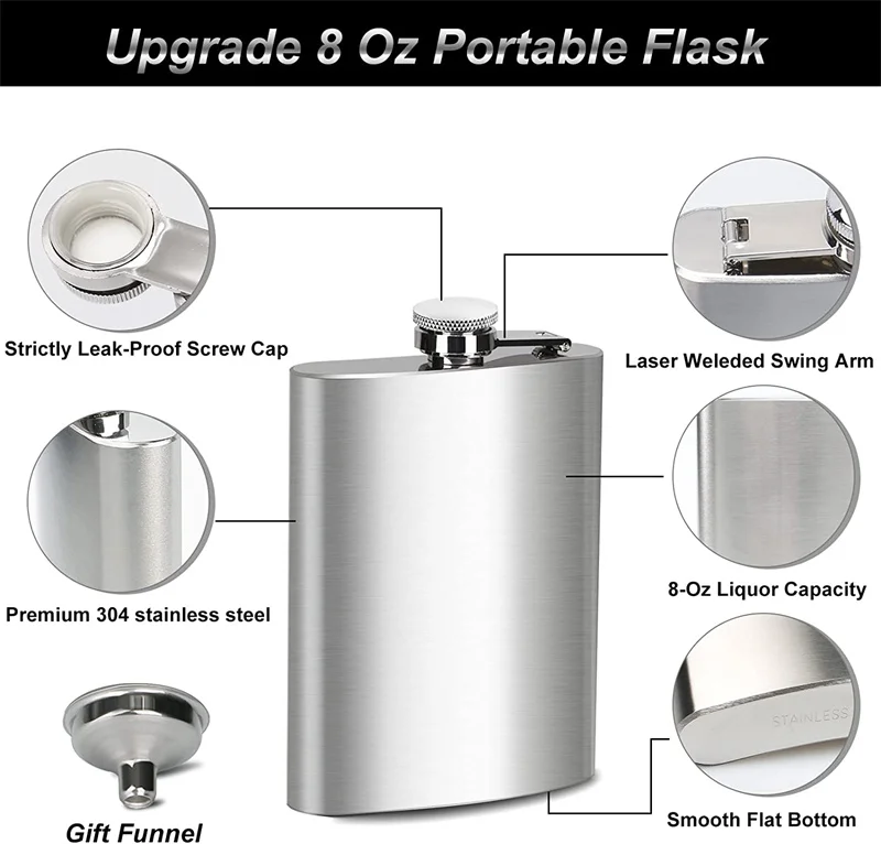 1 oz to 10 oz Stainless Steel Mini Hip Flask Classic Design Metal Alcohol Bottle for Whiskey & Liquor for Parties