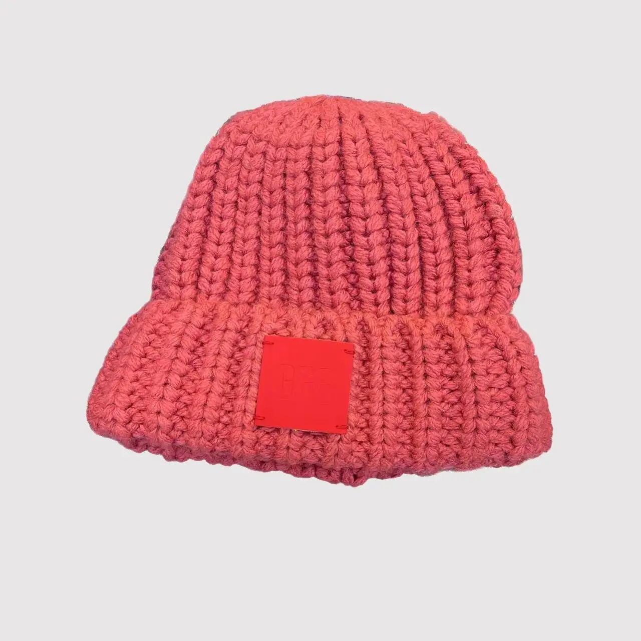 2023 New Korean-Style Knitted Beanie Unisex Oversized Fit Leather Patch Warm and Ear-Covering Winter Hat
