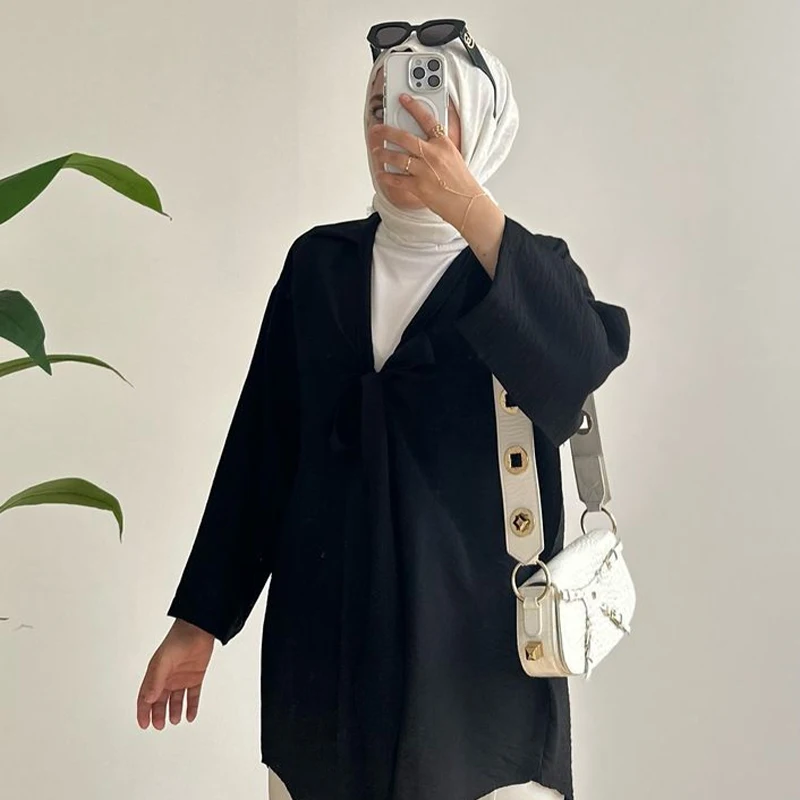 2024 Custom Cotton and linen Premium Micro crepe Hijab Bow tie shirt comfortable long sleeve Islamic Fashion hijab and shirts