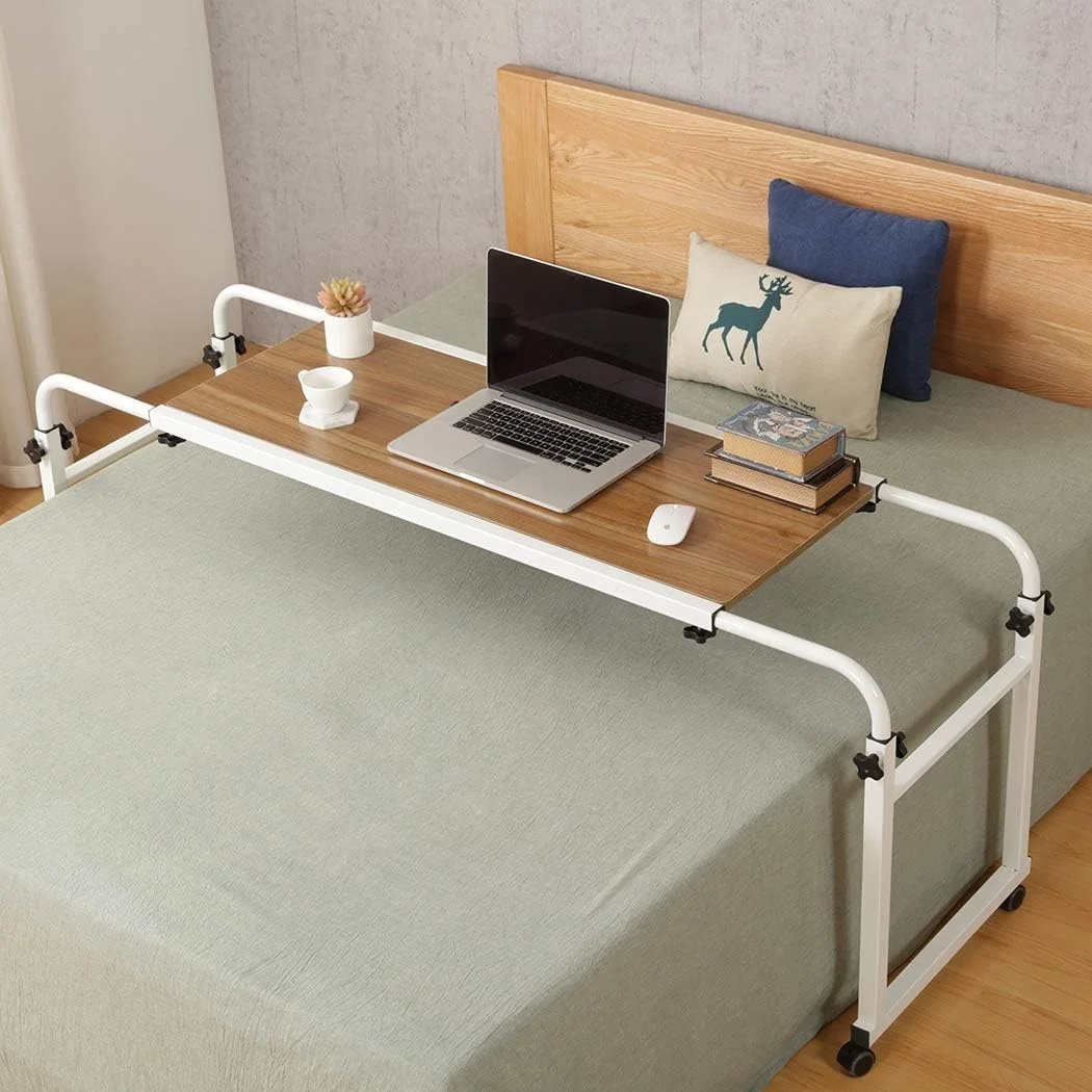 Portable Workstation Desk Lazy Overbed Laptop Computer Table with Wheels Office Wooden Metal Construction Fits King Queen Bed
